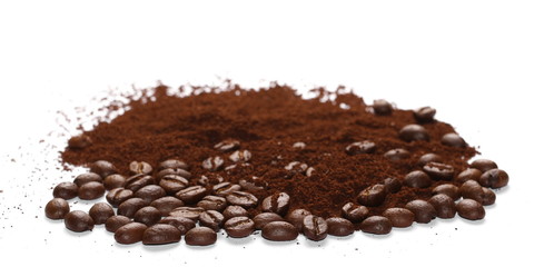 Pile of powdered, instant coffee and beans isolated on white background