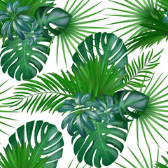 Seamless hand drawn realistic botanical exotic vector pattern with green palm leaves isolated on white background.