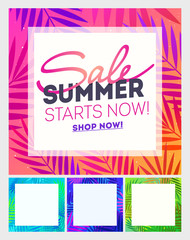 Summer sale poster with palm leaf and lettering. Summer Holiday and Travel template background, vector illustration. Summer tropical background