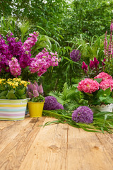 Gardening tools and flowers  on the terrace in the garden