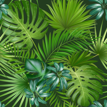 Seamless tropical pattern with palm leaves for fabric design or other uses. Endless exotic background