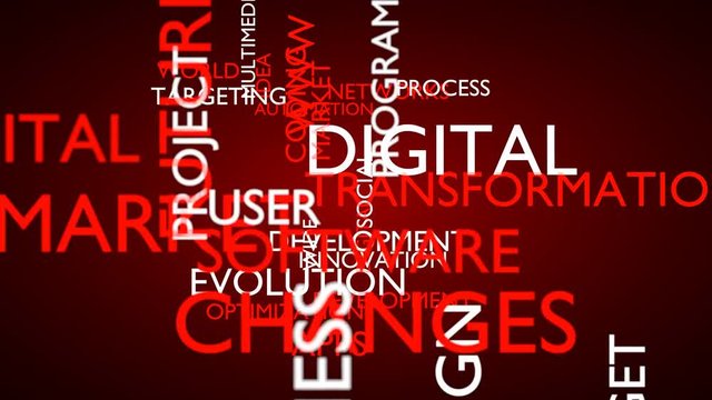 Video production word tag cloud. Loop able, 3D rendering, red variant, UHD