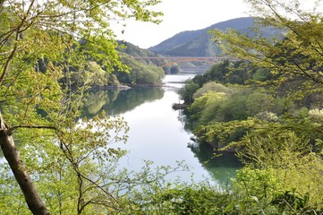 Fototapeta na wymiar 新緑の宮ヶ瀬湖と虹の大橋