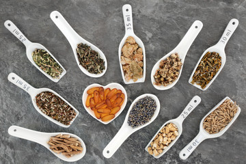 Herb selection with melatonin capsules used in natural herbal medicine to heal anxiety and sleeping...