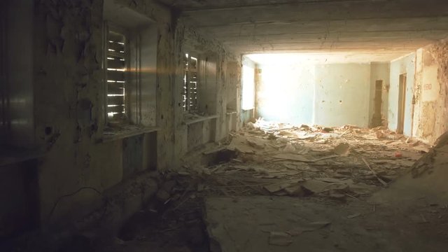 Dead city.Dark abandoned building from the inside.
