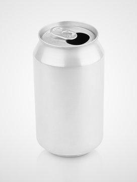 Opened empty 330 ml aluminum soda drink can on gray background with clipping path