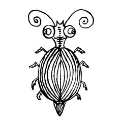 Funny striped bug, hand drawn doodle black and white sketch in pop art style, vector illustration, top view