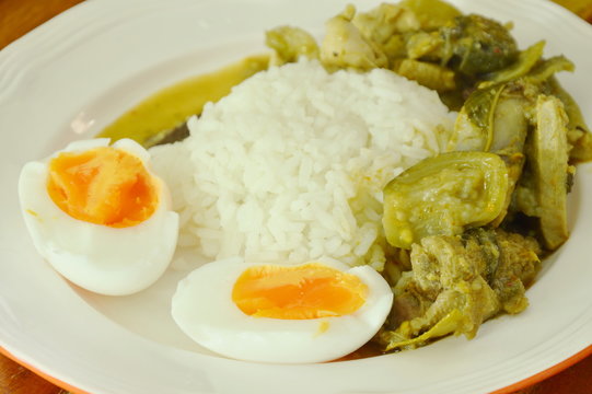 spicy chicken green curry with boiled egg on rice