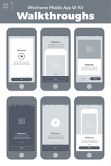 Wireframe UI kit for mobile phone. Mobile App Walkthroughs screens
