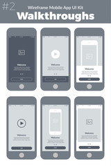 Wireframe UI kit for mobile phone. Mobile App Walkthroughs screens