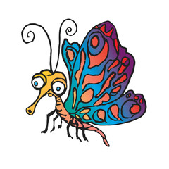 Funny butterfly or moth, hand drawn doodle color sketch in pop art style, vector illustration