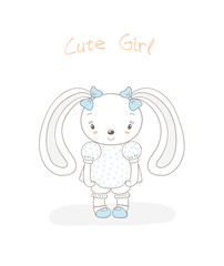 Hand drawn vector illustration of a little smiling plump bunny girl in a polka dots dress, shoes, with blue ribbons, text Cute girl