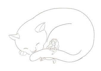 Hand drawn vector illustration of a very big cat, curled up, and little girl with long hair, sleeping together