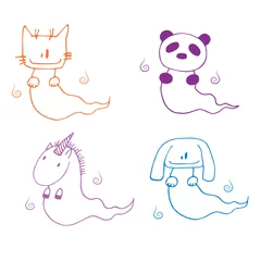 Fotobehang Hand drawn illustration of cartoon ghost animals: cat, panda, unicorn and dog in different colors. © Maria Skrigan