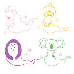 Hand drawn illustration of cute cartoon ghost animals: sheep, duck, penguin and koala, in different colors