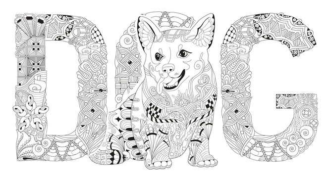 Word DOG for coloring. Vector decorative zentangle object