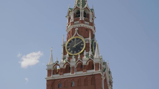 Spasskaya Tower, the sound of bells, clocks, Moscow. UltraHD stock footage.
