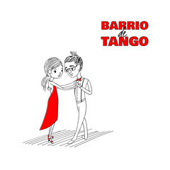 Hand drawn minimalist illustration of a funny dancing couple with Spanish text Barrio de tango, meaning Tango district.