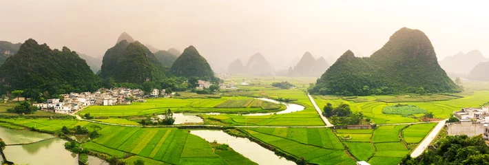 Wall murals China Stunning rice field view with karst formations China