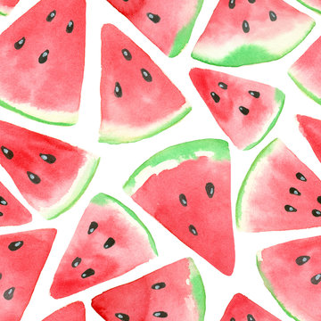 Seamless pattern made of red watermelon slices painted with watercolors.