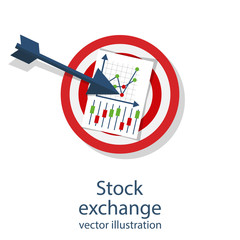 Stock exchange. Creative concept is winning in financial market. Stock trading. Forex exchange. Arrow in target. Vector illustration flat design. Isolated on white background.