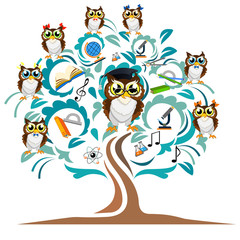 Study the tree and cheerful owls