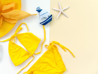 Summer Fashion woman swimsuit Bikini. Tropical sea.Unusual top view. Summer Concept.