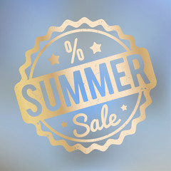 Summer Sale rubber stamp gold on a lila bokeh background.