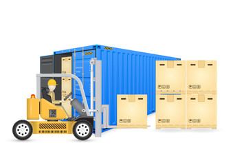 Vector of operator, driver or worker to handling box on pallet into storage or cargo container by forklift, equipment for logistic, shipping and delivery. Freight transport and distribution industry.