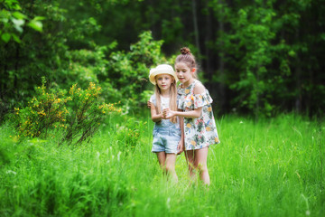 Two cute girls beautiful walk through the forest in summer day vacation