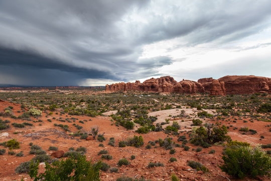 Deserted landscape in storm clouds of Arches National Park, Utah, USA