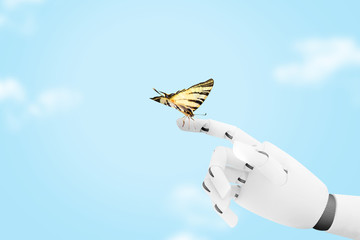 Robot hand with a butterfly on it's finger