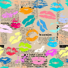 Seamless background pattern. Grunge pattern with print of a lipsticks. Text is unreadable.