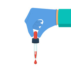 Pipette in hands doctor. Falling drop of liquid. Treatment colds. Medicament preparations. Pain killers. Vaccination flu. Vector illustration flat design. Isolated on white background.