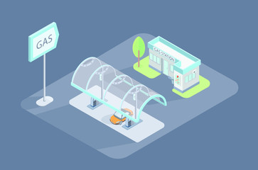 Vector isometric icon illustration. Gas station, petrol station with shop and car.