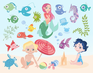 Beach kids vacation at sea. Set of vector illustrations. Boy and girl playing on the beach. Cute Mermaid, fish and other sea creatures.