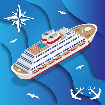 Cruise liner on the waves. Isometric. Vector illustration.