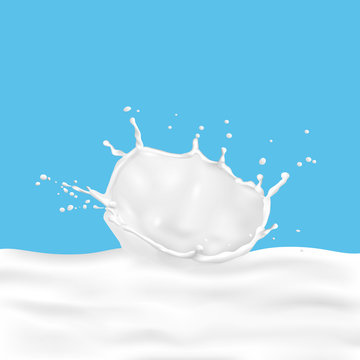 Pouring milk splash on blue background