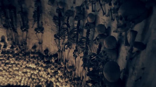 Human bones in the crypt of the church, Lampa, Peru. 4k
