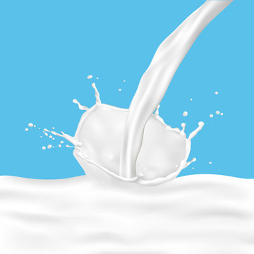 Realistic pouring milk with milk splash on blue background