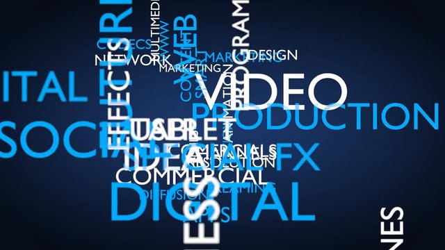 Video production word tag cloud. Loop able, 3D rendering, blue variant, UHD
