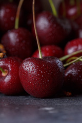 Juicy red cherry on a dark background.