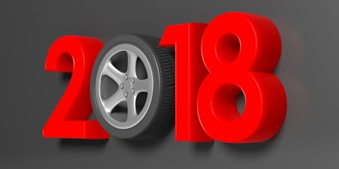 2018 with car's wheel on grey background. 3d illustration