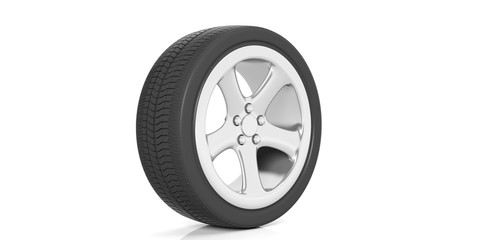 Car tire and rim on white background. 3d illustration