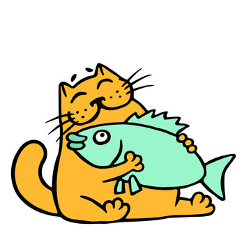 Cute orange cat hugging big fish. Vector illustration.