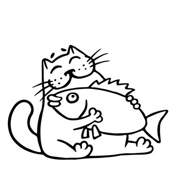 Cat hugging big fish. Isolated vector illustration.