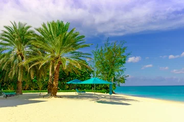 Crédence de cuisine en verre imprimé Plage de Seven Mile, Grand Cayman Seven Mile Beach dans les Caraïbes avec ses palmiers et ses parasols, Grand Cayman, Cayman Islands
