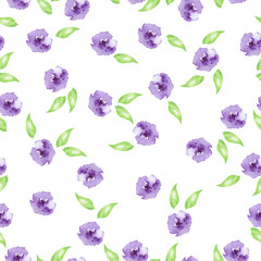 Seamless pattern with lilac flowers and leaves on white background. Hand drawn watercolor illustration.