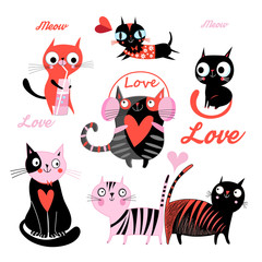 Vector set of funny loving cats