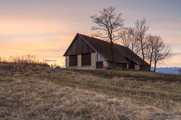 Traditional barn in countryside of Turiec region, northern Slovakia.

